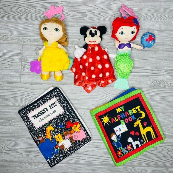 Baby bundle 3 Disney rattles princess and Minnie , 2 hand made cloth baby books - Picture 1 of 6